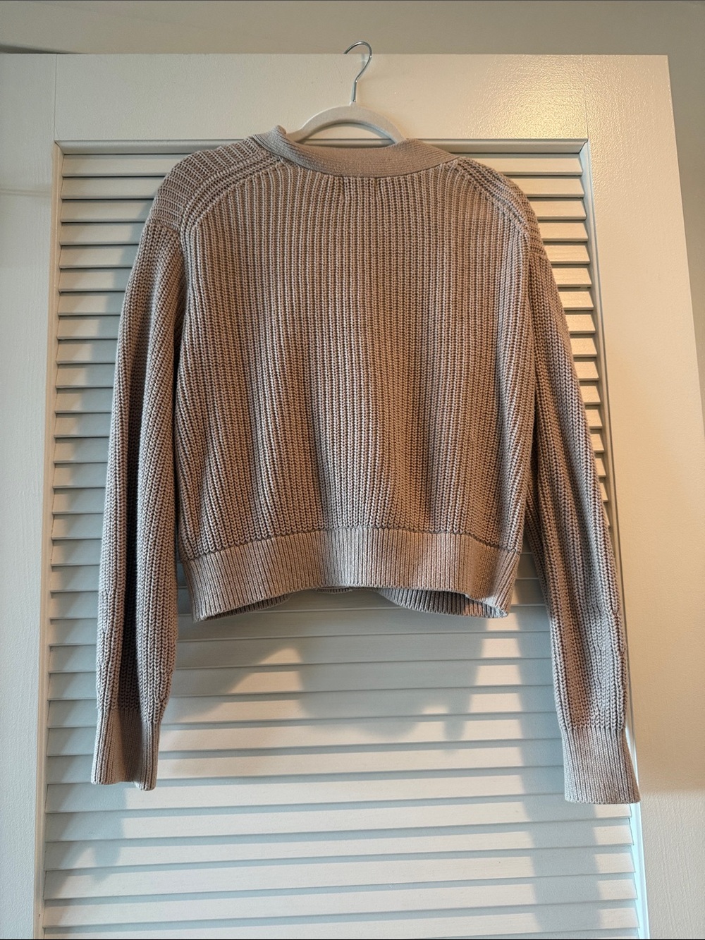Women's Cropped Rib-Knit Cardigan Sweater in Taupe - Picture 4 of 4